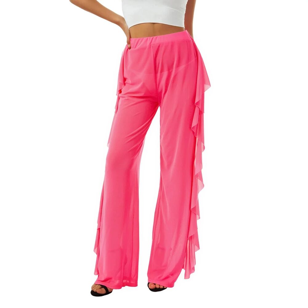 Sheer Mesh Pink Loose Cover Up Elastic High Waist Wide Leg Pants Sz S